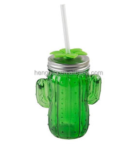 Fermeture à glissière en verre en forme <span class=keywords><strong>de</strong></span> <span class=keywords><strong>Cactus</strong></span>, avec couvercles métalliques et pailles en plastique, pot <span class=keywords><strong>de</strong></span> maçon avec couvercle <span class=keywords><strong>de</strong></span> couleur argent, 15 oz, livraison gratuite - Product Image 1