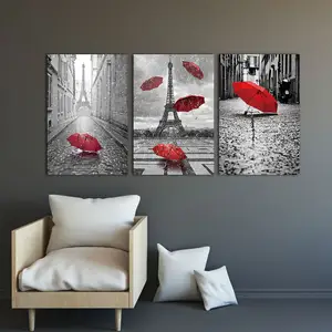 Pintura de tela para casa arte de parede, torre eiffel preto e branco com guarda-chuva vermelho no paris street imagem romântica