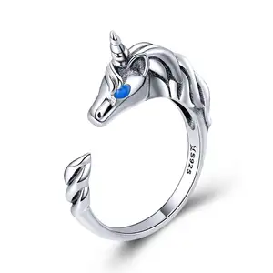 BAGREER SCR410时尚可调节开口925银色魅力独特复古独角兽戒指女士珠宝情侣戒指