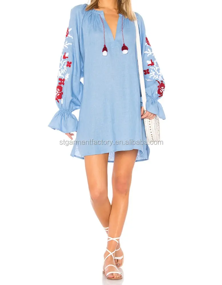 Vintage stil mavi Denim elbise <span class=keywords><strong>nakış</strong></span> kadın kıyafetleri konfeksiyon Stb-0796 gevşek parlama kollu rahat bahar V boyun kadın çiçek