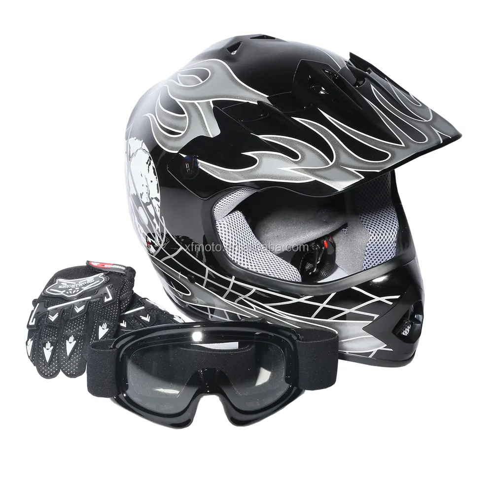 Youth Black/Silver Skull for Dirt Bike for ATV Motocross Helmet Goggles+gloves S M L New