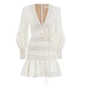 Mini robe de printemps décontractée en coton pour femmes, jupe avec ceinture, col en V, manches longues, blouse, lin, 100%, YLDR544D