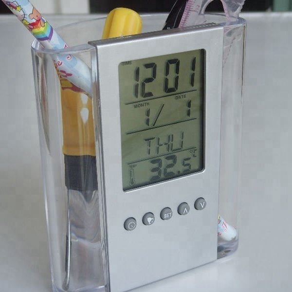 Рекламный пластиковый держатель для ручек, часы с временем, датой, неделей, календарем и температурой