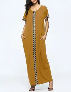 Pakistan Wanita Kurta Desain Katun India Cetak Kaftan Long Dress Wanita O-Leher Lengan Pendek Lurus Maxi Gaun Hsk2125