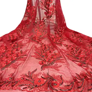 Queency الأحمر النسيج والتطريز الترتر الدانتيل الأفريقي قماش دانتيل شانتيلي لفستان الزفاف