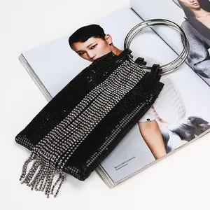 Factory direct wholesale new style classic aluminium handbags crystal tassel cellphone pouch with round metal handle for party