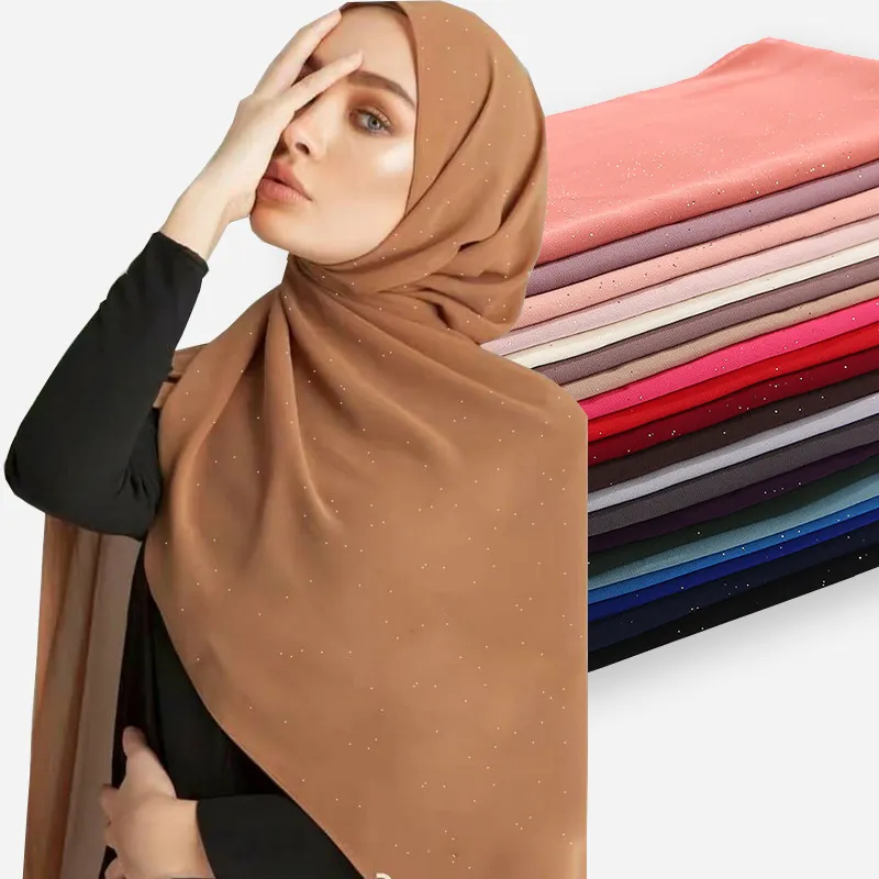 Son Kadın Bayan Lüks Ağır Katı 20 Renkler Parlayan Glitter Uzun Müslüman Düz Polyester Şifon başörtüsü Başörtüsü