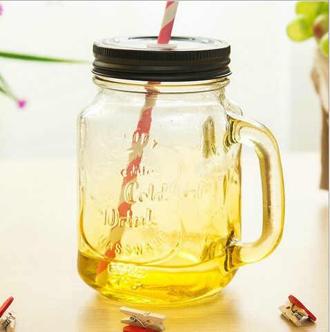 Mason Glass Drinking Jars Cocktail Glass Mugs Handle Tin Lid Straws Set