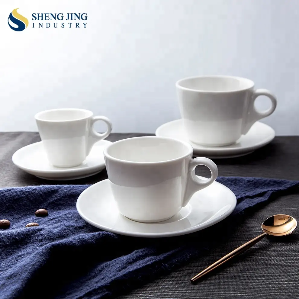 Desain Modern Kustom Polos Putih Keramik Espresso Kopi Cangkir Teh dan Piring Set untuk Restoran Hotel