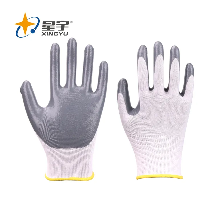 White Polyester Glove China Work Glove Xingyu 13G White Polyester Shell Grey Nitrile Smooth Coating Work Safety Gloves White Cotton Glove