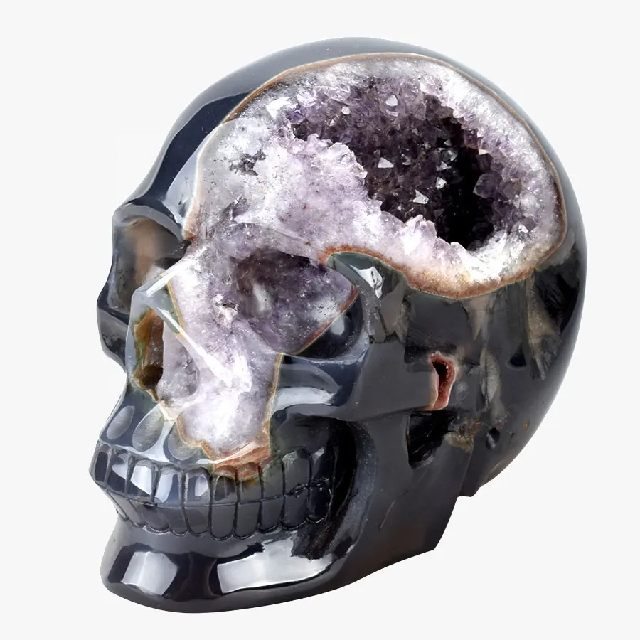 Natural Mineral Semi Precious Stone Hand Carved Realistic Agate Amethyst Geode Crystal Skull