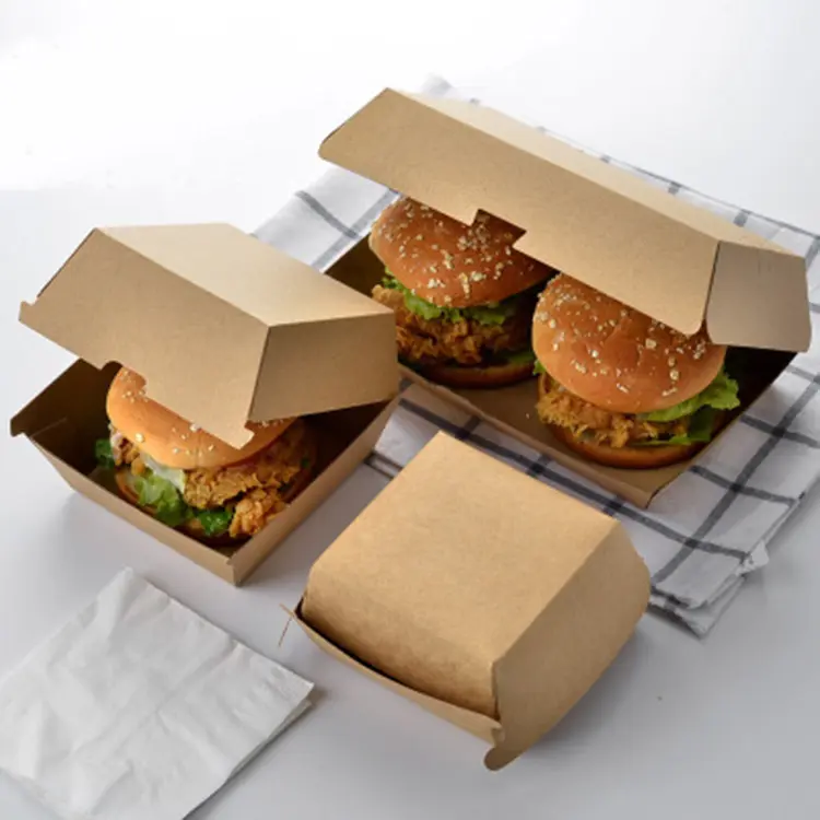 Eco friendly food delivery recycled brown kraft paper packaging hamburger box