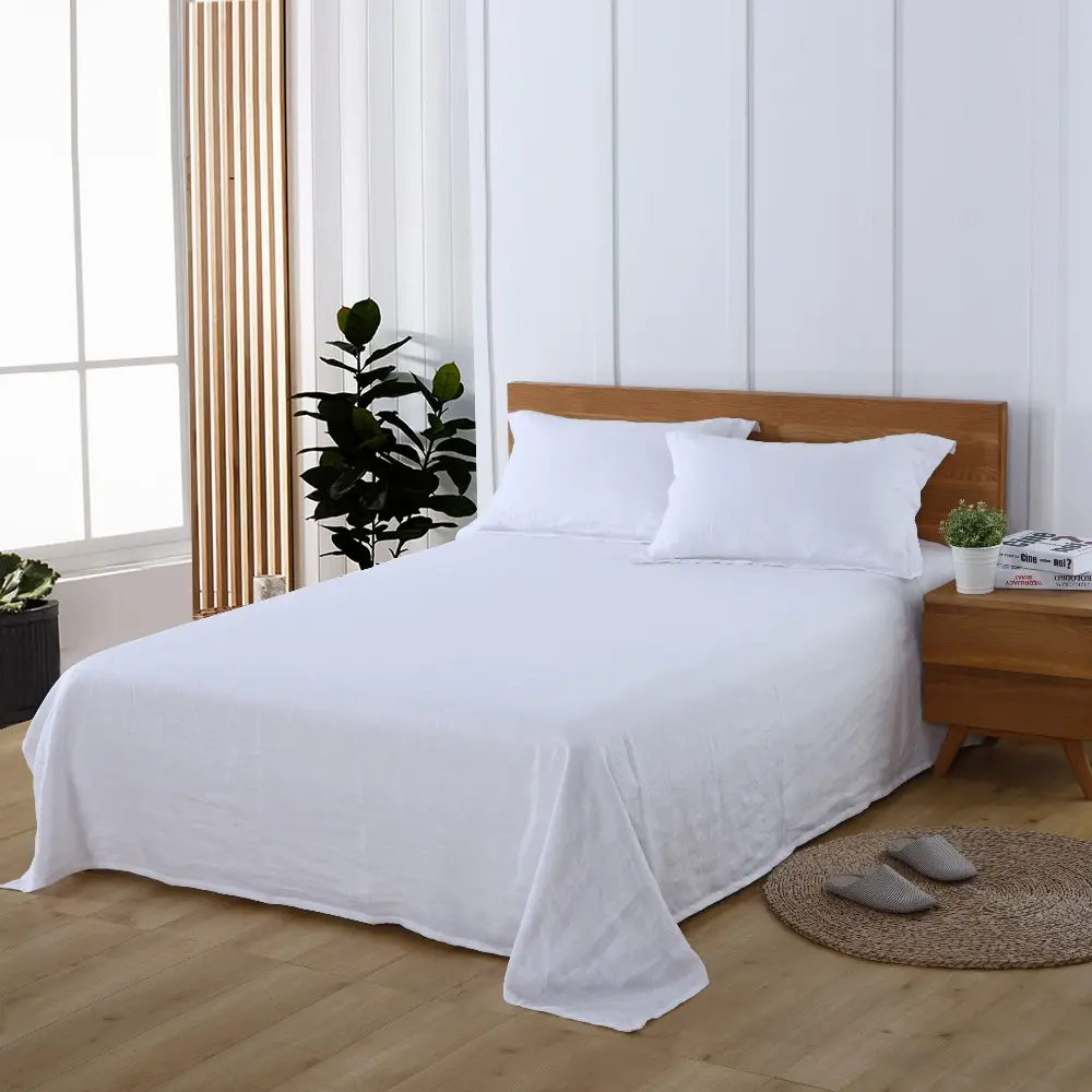 Set di lenzuola piatte in lino naturale con Logo personalizzato all'ingrosso Set di biancheria da letto con federa in lino Queen 3 pezzi