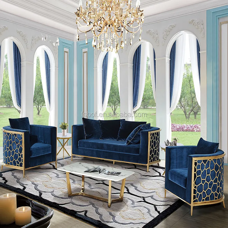 חדש עיצוב מלון זהב פלדה בד עור ספות סטי בית ספה רהיטי