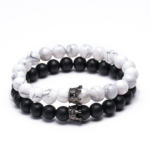 Bán Hàng Nóng Tự Nhiên Trắng Howlite Đá Mã Não Hạt Vòng Tay Của Anh Ấy Và Cô Ấy Vòng Tay Đôi Với Vương Miện Quyến Rũ - Product Image 3