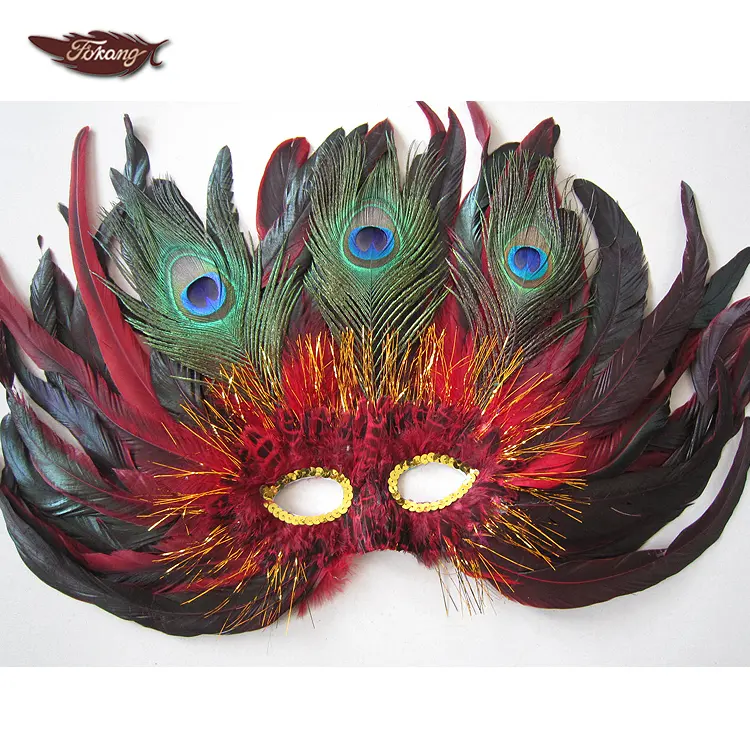 Large Size Red Rooster Tail Feather Carnival Mask With Peacock Feather Decoration