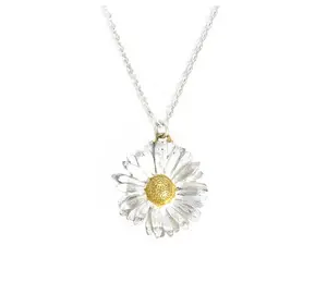 Unique Original Design 925 Sterling Silver Jewelry, Two Tone Flower Necklace 22K Yellow Gold Daisy Pendant