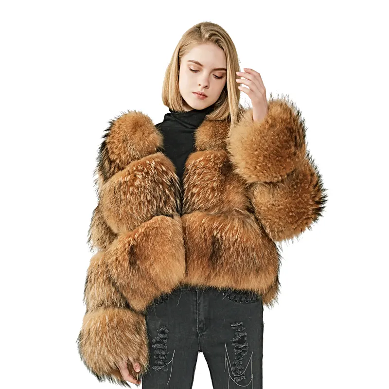 Mao Mao Pelz Die Neueste Mode-Design Winter Frauen Dame Kurze Jacke 3 Reihen Natürliche Waschbär Pelz für Verkauf