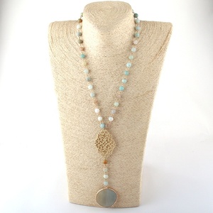 Collier pour femme, mode ethnique <span class=keywords><strong>bohème</strong></span>, bijoux, chaîne de chapelet en pierres précieuses, grille métallique, jaspe dalmatien, howlite blanche, pendentif disco - Product Image 4