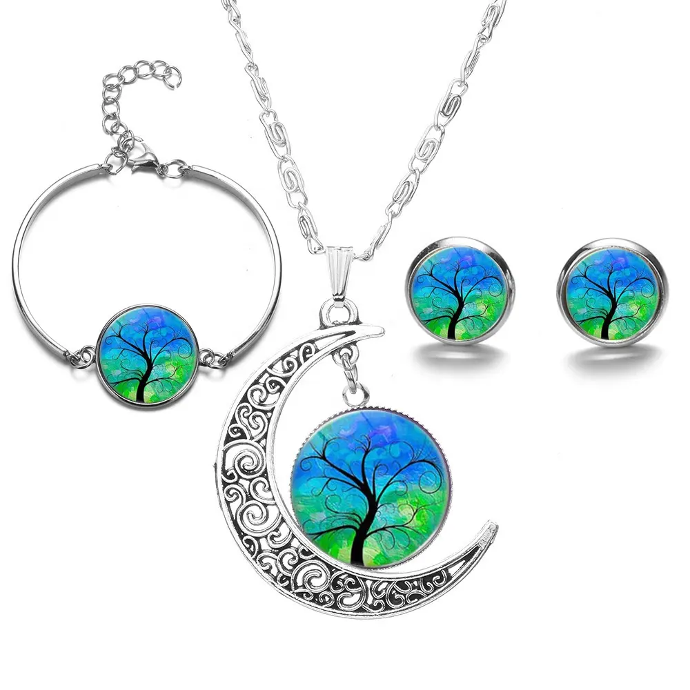 Jade bracelete colar brincos, lua árvore belas joias conjunto