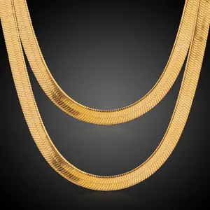 Olivia Kalung Rantai Emas 18K Pria, Kalung Tulang Ular Herringbone Datar Rantai Pisau 3Mm Terbaru