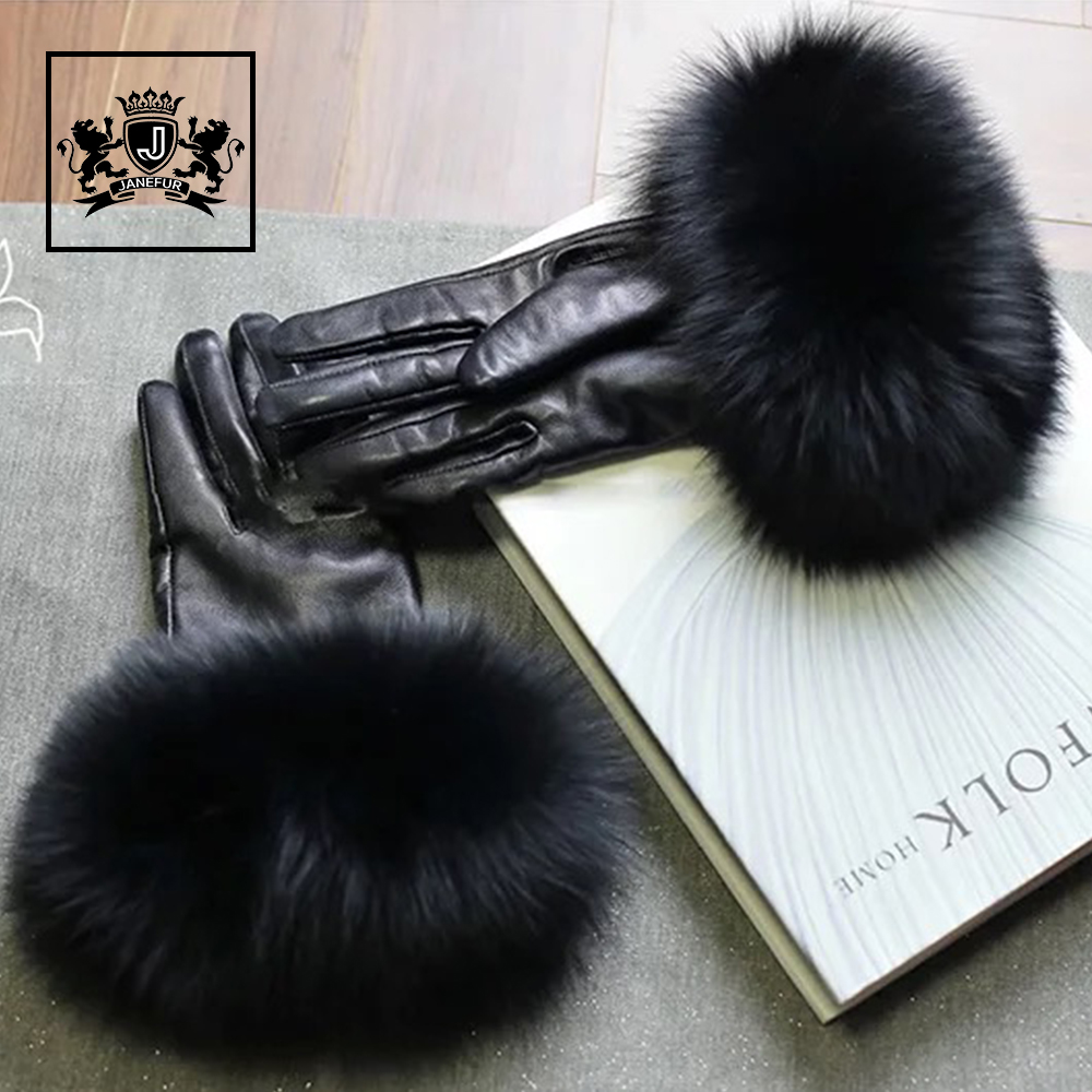 Зимние женские кожаные перчатки, уличные теплые перчатки из лисьего меха для вождения