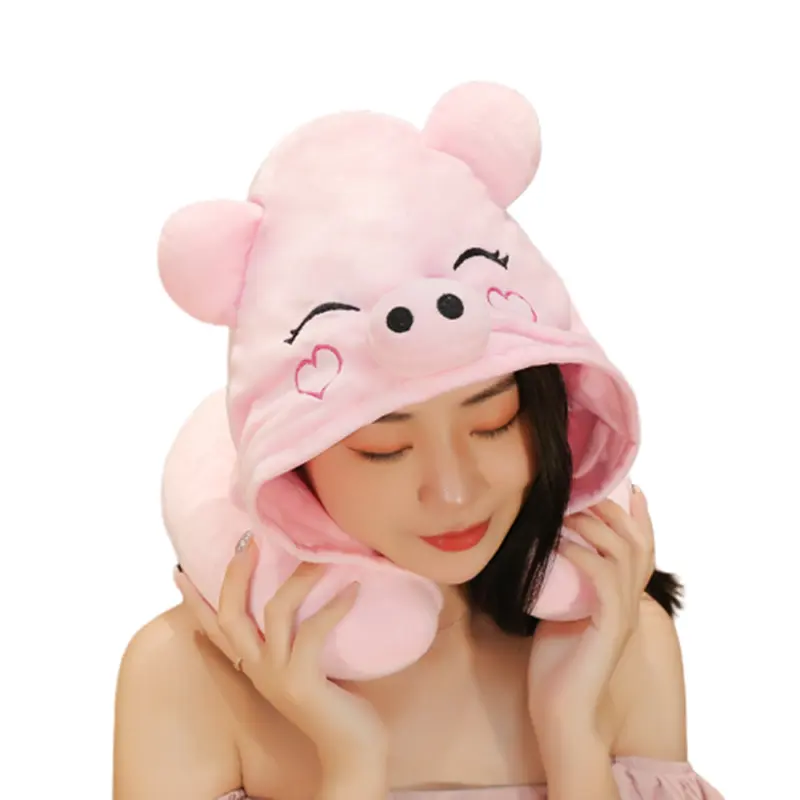 2020 new style cat and pig U-shaped soft pillow with hat Plush Cute Cap Making Funny Hats Plush pig U shape Neck Travel Pillow
