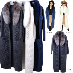Stile Casual Rimovibile <span class=keywords><strong>Pelliccia</strong></span> di Volpe Collare Grande Tasca di Lana Mescolato 3 GG Cabel Lavorato A Maglia Stile Lungo Anteriore Aperto <span class=keywords><strong>Cardigan</strong></span> - Product Image 4