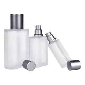 Sampel Gratis Mewah 30Ml 50Ml 100Ml Frosted Oblateness Bentuk Kaca Kabut Semprot Botol Parfum dengan Perak Aluminium Cap