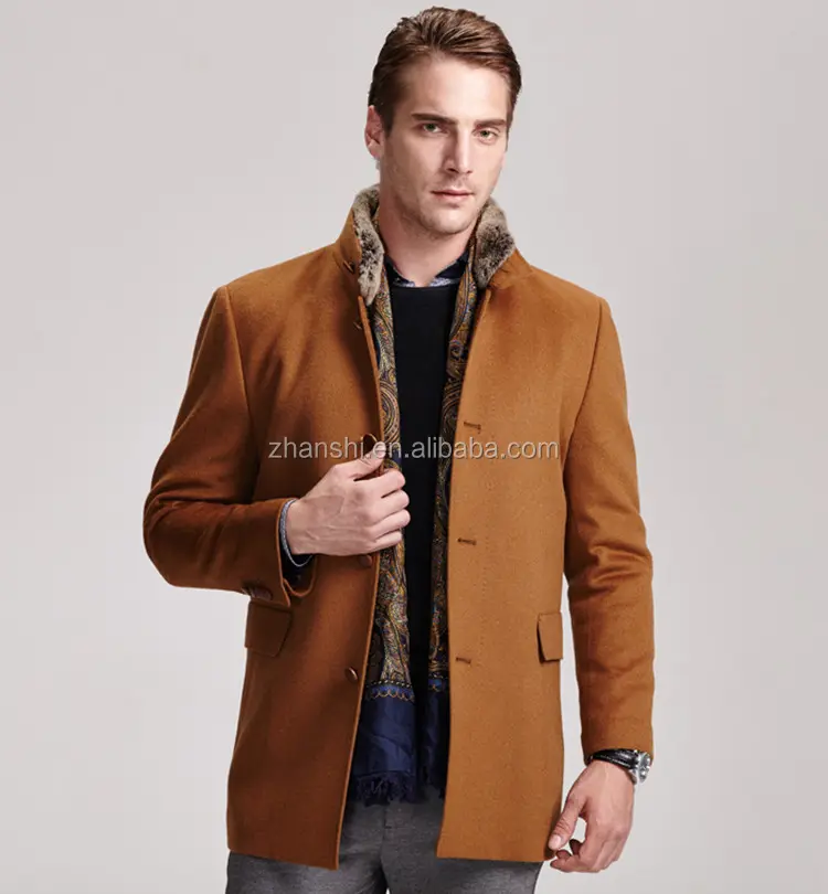 2016 nuevos mens de la llegada del invierno Camel abrigo de Cachemira de lana abrigo con Cuello de piel