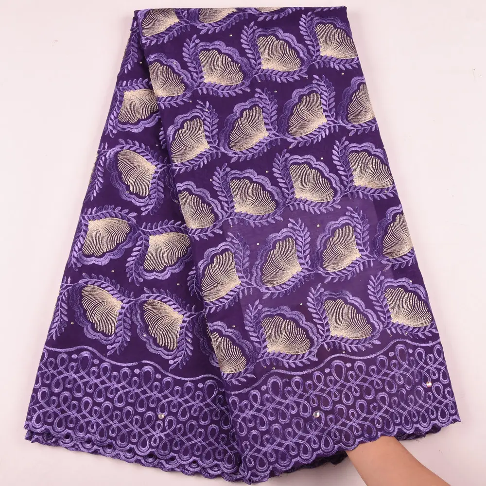 Lacets de Voile suisse en suisse lacets nigérians prix de gros violet broderie coton sec dentelle tissu avec des pierres 1638