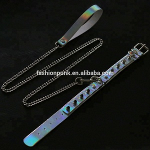 Collar de cuero PU holográfico con remaches, estilo punk, sexy, para mascotas, con cuerda de tracción, gargantilla de moda con cadena. - Product Image 6