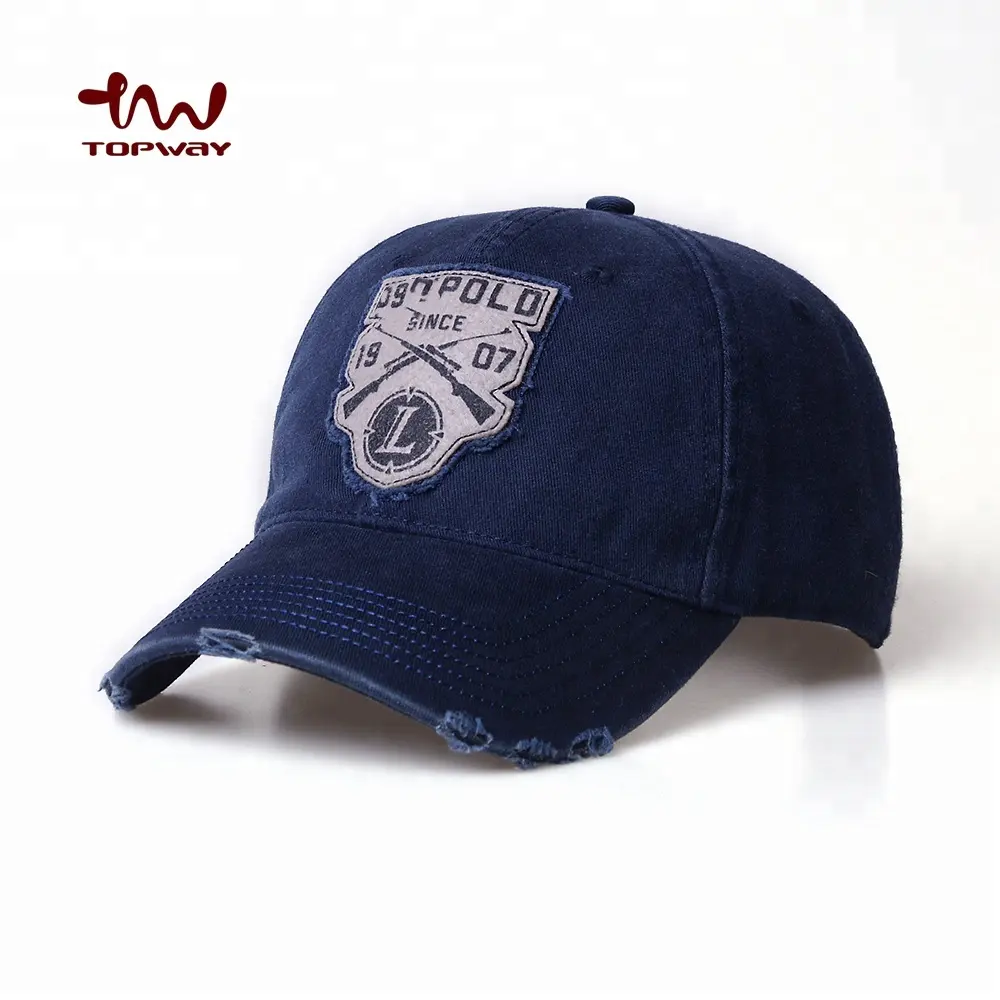 Dark Blue Worn Out Visor Stone Washed Baseball Cap With Applique Embroidery