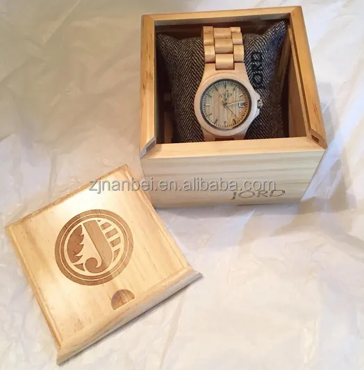 Custom made logo natural color solid wooden watch packaging box