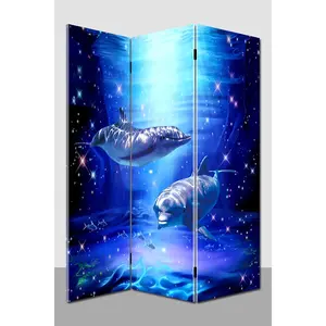 Newest Summer Room Partition Sea World Room Separators 3 Panels Canvas Folding Screens Screens & Room Dividers SEA LIFE Printed