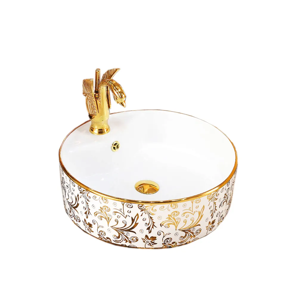 Über montiertes Waschbecken Keramik rundes goldfarbenes Becken mit Wasserhahn loch