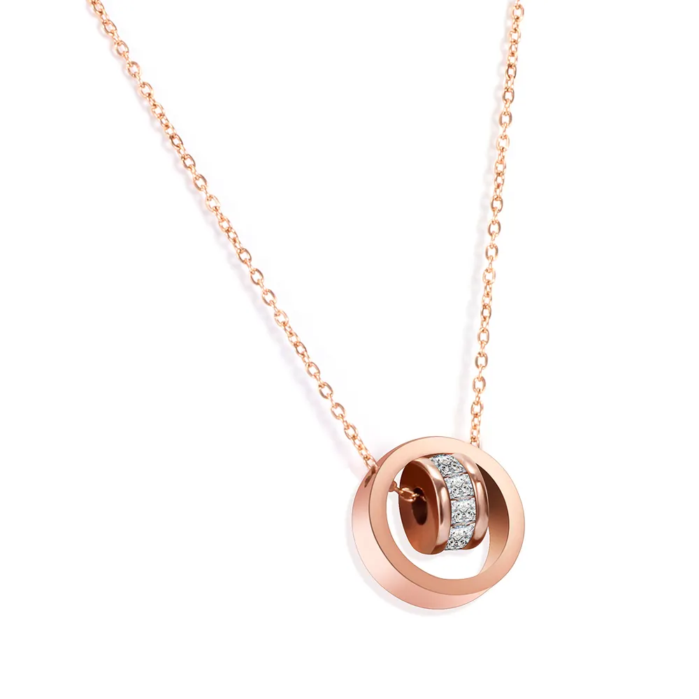 Roman numerals Round Double Circle CZ Crystal Pendant Necklace Rose Gold Color Stainless Steel Fashion Jewelry Crystal