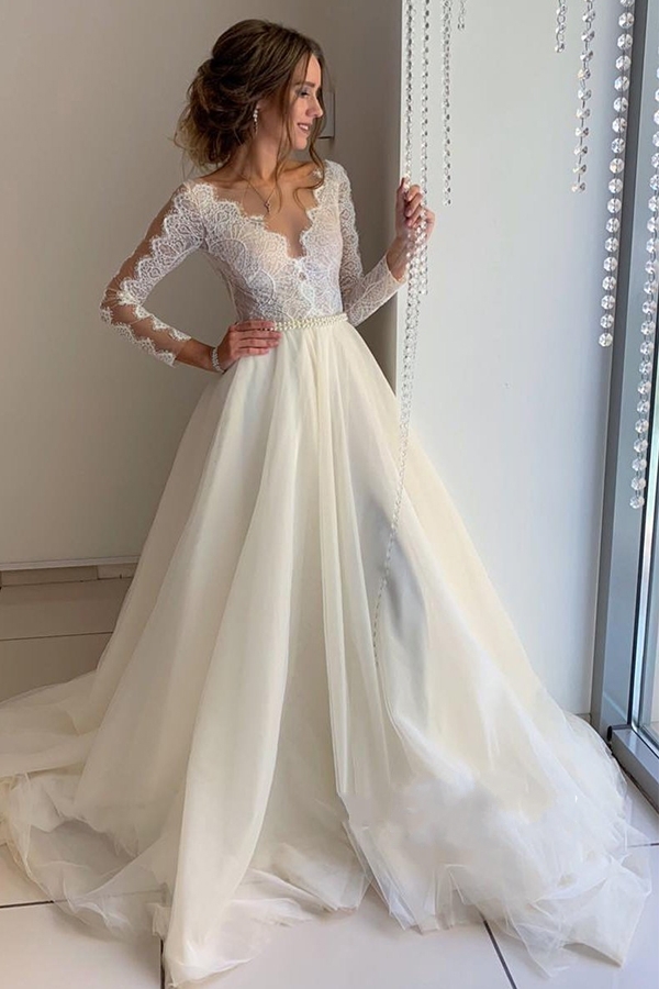 Long Sleeve Lace A-Line Wedding Dress - Modest Customized Bridal Gown for  All Seasons, Maternity & Plus Size Options Available.