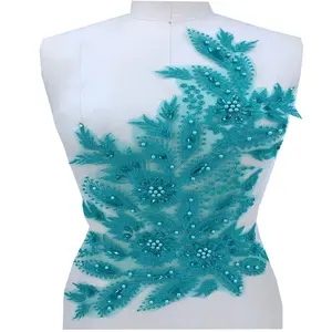 Luxuriöse schwere Perle 3d Spitze Applique, 3D Applique Blumen 3d Blume Tüll Stickerei Spitze Patch mit Strass, Pailletten Oem