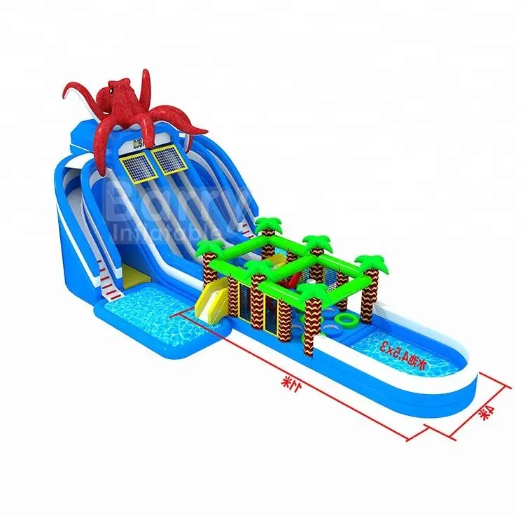 Guangzhou Barry commercial frog /jungle inflatable water slide with 2 pools and obstacle