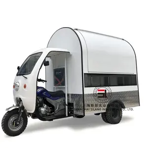 shanghai silang best quality petrol fast food cart, gas-oline driven tricycle mobile snack truck for sale