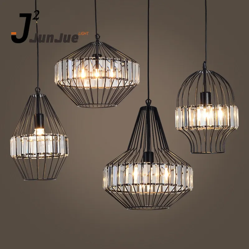 Luminária suspensa com pingente, pendente moderna, gaiola de fio de lâmpada industrial, vintage, com cristal, decorativo