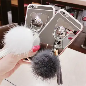 Bear Ring Stand Mirror fur Capa Case For Iphone 5 6 6S Plus 7 7 8 X Fur Ball Pendant Tassel Soft TPU Cover Case