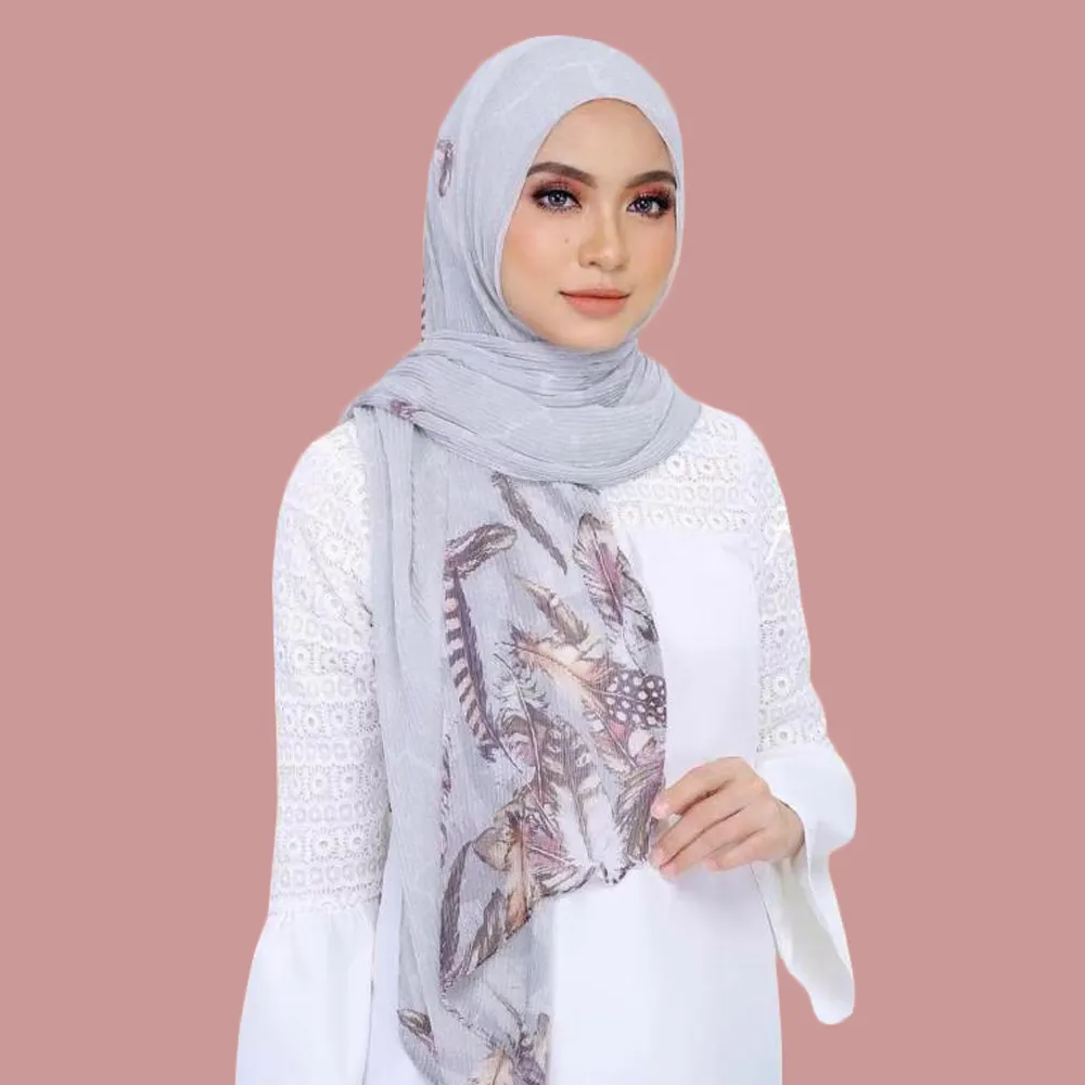 Écharpe longue en mousseline de soie, grande taille, imprimée pour dames, Hijab malaisien, froissé,