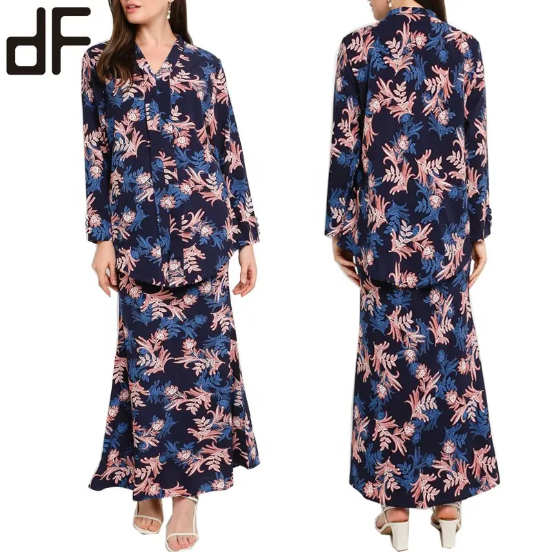 OEM Malaysia Family Outfit Women Baju Kurung And Baju Wanita Design Printing Dark Blue V Neck Floral Kebaya Modern Baju Kurung