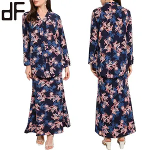 OEM Pakaian Keluarga Malaysia Baju Kurung dan Baju Wanita Desain Cetak Biru Tua Leher V Bunga Kebaya Modern Baju Kurung