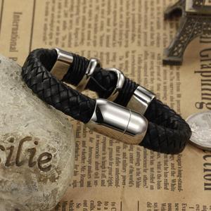 Véritable bracelet en cuir hommes en acier inoxydable en cuir tresse Bracelet avec boucle magnétique claps pulseiras masculina - Product Image 4