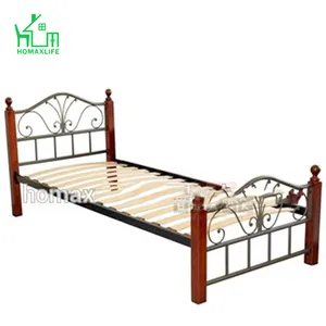 Latest designs metal bed with wood legs general use for bedroom furniture metal bed