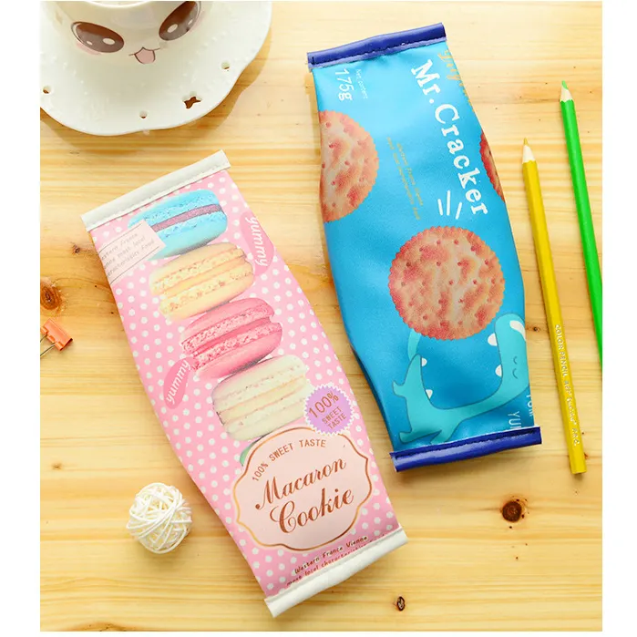 Creative Macaron Cracker School Pencil Case Cute Pu Leather Pen Bag Kawaii Stationery Pouch Office School Supplies