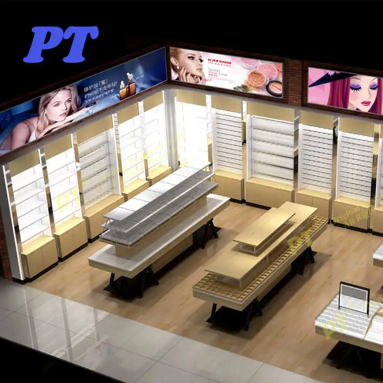 Estante de exibição de cosméticos, prateleira de parede com design de showroom para exibição de cosméticos